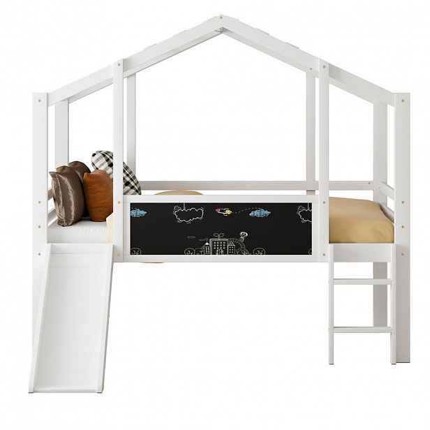 OKWISH PATROVÁ postel 90/200 cm, design podkrovní postele se skluzavkou a tabulí, bílá