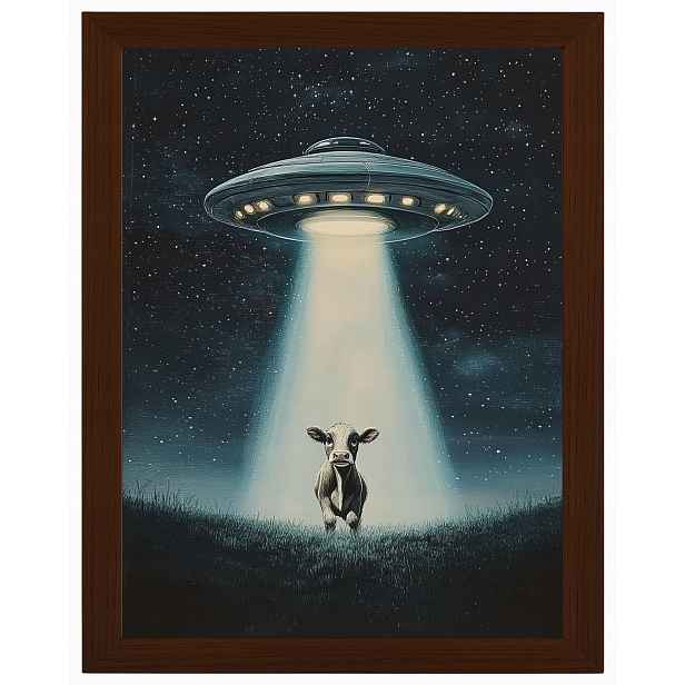 Plakát Rámeček Dřevo Noc Louka Ufo Podšálek Mimozemšťané Únos Kráva 60x80