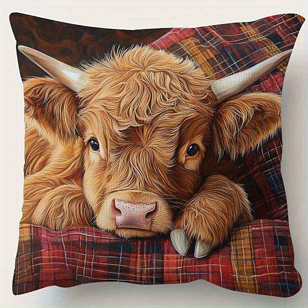 TEMU 1 Tradiční Polštářový Potah s Vysokohorskou Krávou, 45x45 cm, Měkká Hladká Polyesterová Látka s Vzorem na Jedné Straně, Zipové Zapínání, Bez