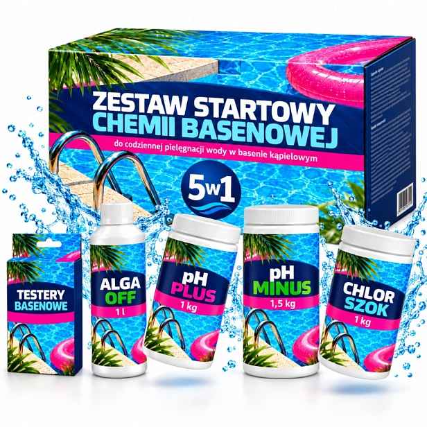 Pečující Sada 5V1 Chlor Šok Ph Plus Alga Off Tester Ph Minus Bazén
