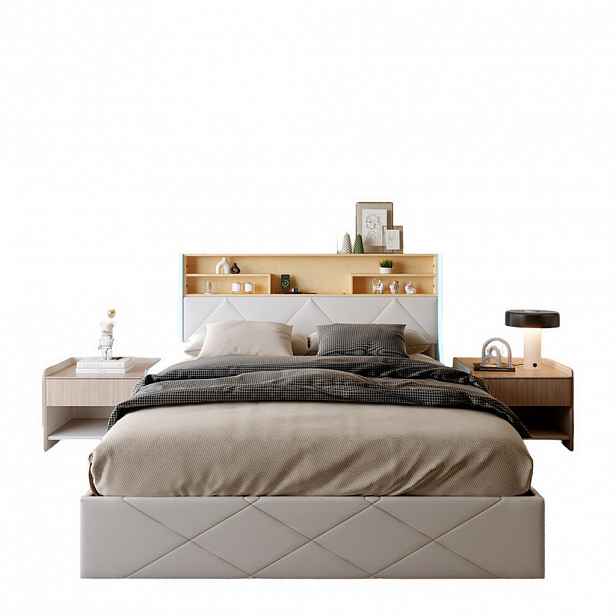 SHOPENTRA ČALOUNĚNÁ postel 140x200 cm Bílá PU kůže LED USB box