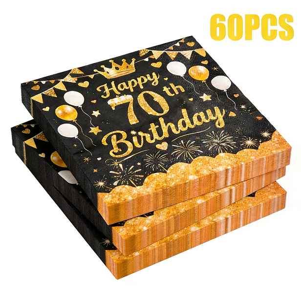 TEMU Sada jednorázových ubrousků 20/60 ks s potiskem 'Happy 70th Birthday', ubrousky na narozeninovou oslavu do restaurace, 33,02 x 33,02 cm, vhodné