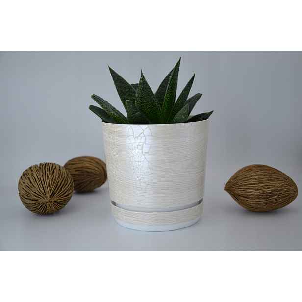 32 cm velký široký květináč Safari Perla s podstavcem, neobvyklá textura prkna