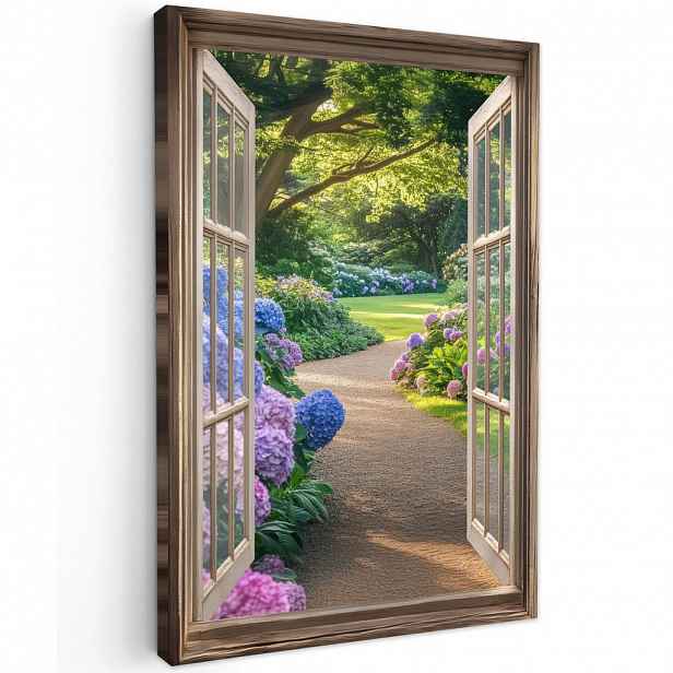 MuchoWow OBRAZ NA PLÁTNĚ Pohled - Zahrada - Okno - Hortenzie - Květiny 60x90 cm