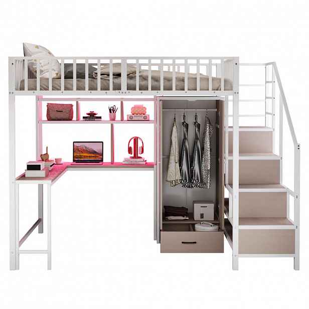 OKWISH VYSOKÁ postel 140/200 cm bílá s psacím stolem úložným prostorem LED a zásuvkami z kovu a MDF