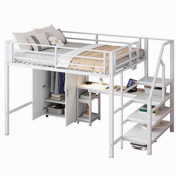 OKWISH VYSOKÁ postel 255/145/160 cm bílá se skříní a psacím stolem z kovu a MDF