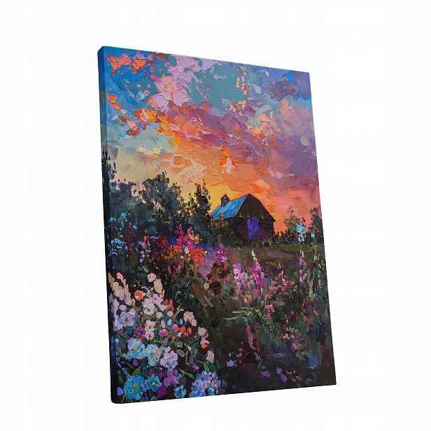 Obraz na plátně Západ Slunce, květiny, krajina – obraz do bytu, pokoje, obýváku 60x80 cm