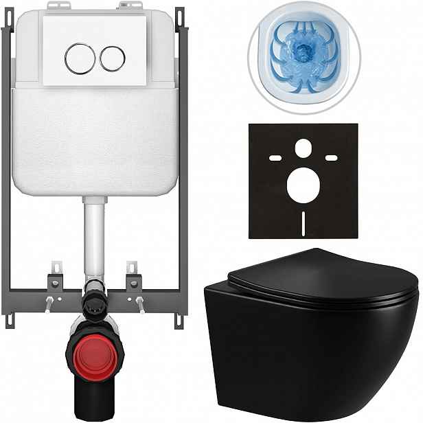 Kompletní WC set Basic/Cesso - černá lesklá - WC tlačítko Dualo/Bílá - pro zazdění - 49x36 cm