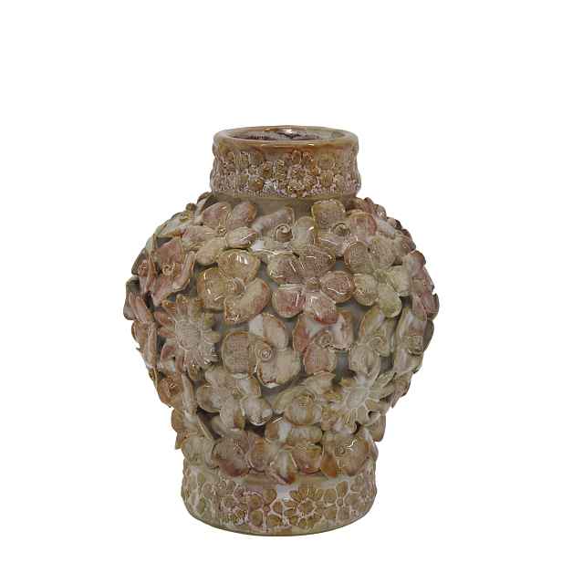 Růžová kameninová váza s květinovou dekorací – Ø 15,5*19 cm Chic Antique