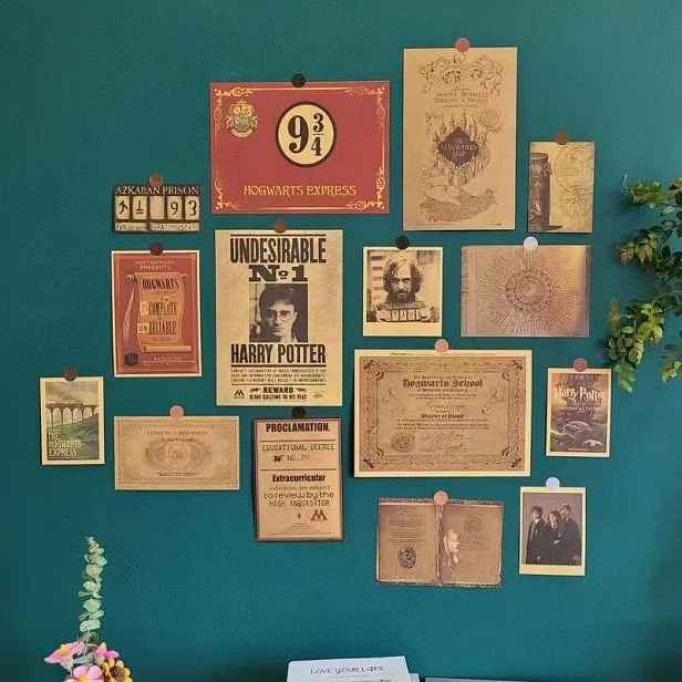 TEMU 2D plochý, 2D plochý, Plakát WB Oficiální! 1 sada 15 ks Harry Potter Vintage Hnědý papírový styl Dekorativní plakáty Hogwarts Merchandise Sada