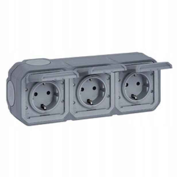 Nové Plexo trojité zásuvky Schuko 3x2P+Z horizontální Šedé Legrand 069743L