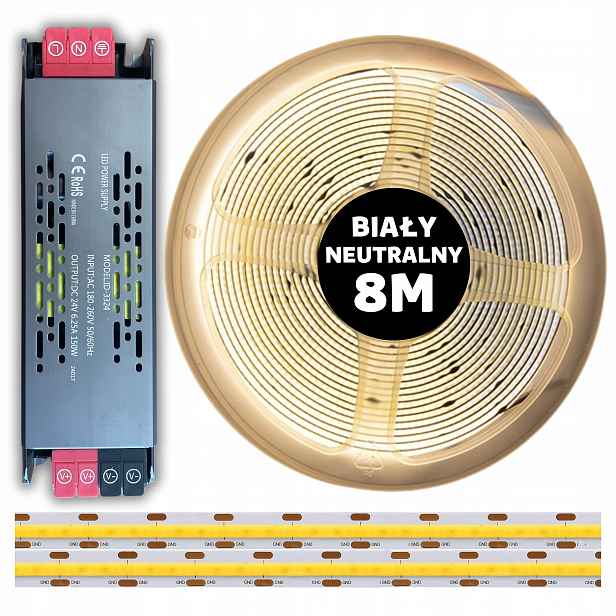 Set 8M Led pásek Cob 480 diod 4000K neutrální bílá 24V 10W napájecí zdroj