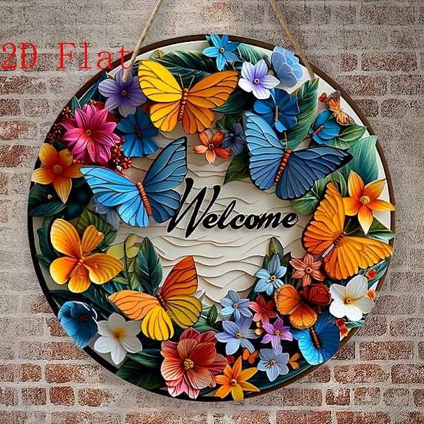 TEMU 2D plochý - Živý 2D tištěný motýlí květinový uvítací znak - kulatá dřevěná jarní a letní dekorace ve tvaru věnce, vhodná na dveře, stěny a