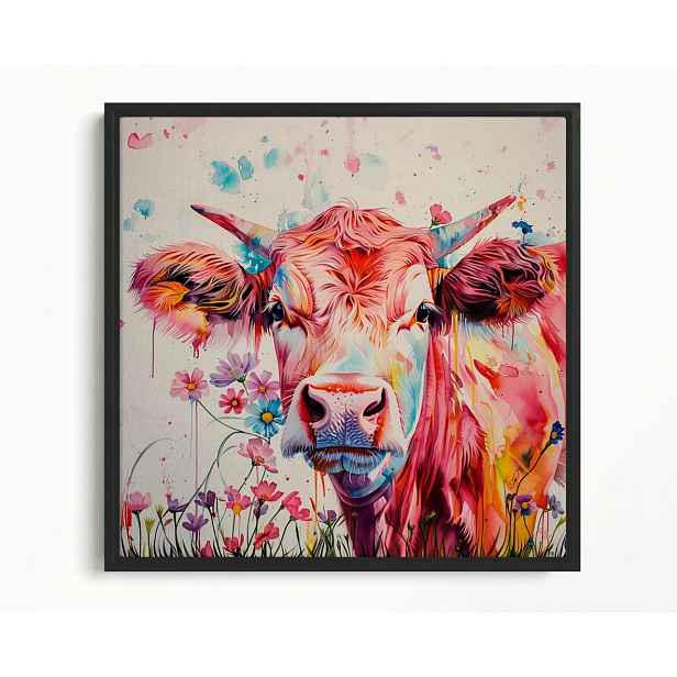 Obraz Rám Americký Box Portrét Kráva Růžová Barvy Květiny Boho 50x50