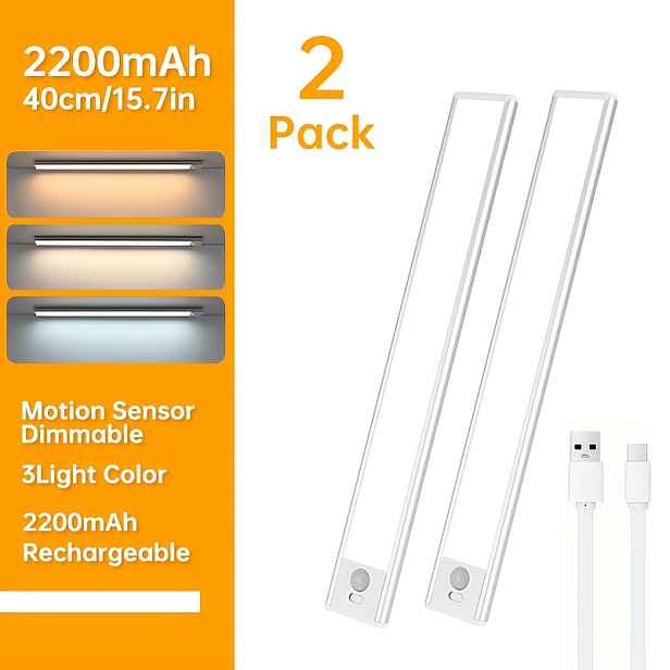 TEMU 2-balení magnetických LED světel s senzorem pod skříňku | Kovové, napájené přes USB, 3 úrovně nastavitelného jasů, pohybový senzor, ovládání
