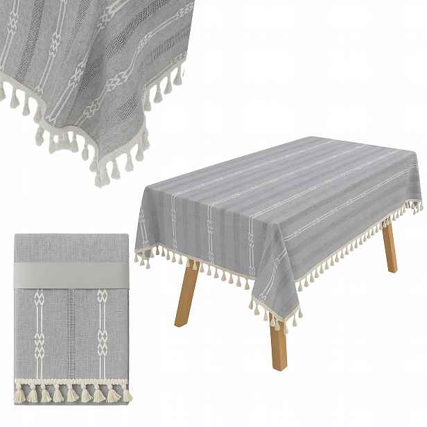 Velký Rustikální Ubrus Boho Přírodní 140x250 Šedý S Výšivkou Bavlna