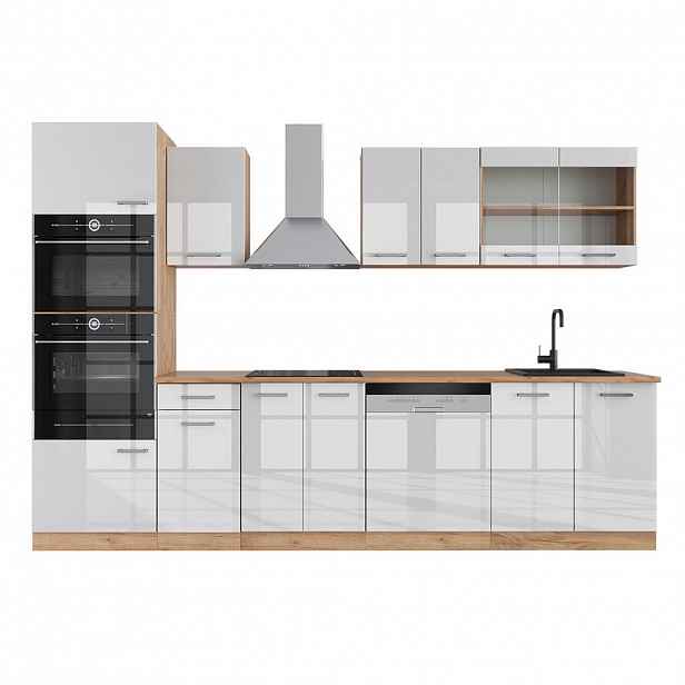 Vicco KUCHYŇSKÝ KOUT R-Line Bílý vysoký lesk/zlatý dub power 300 cm s vysokou skříní, PD Dub