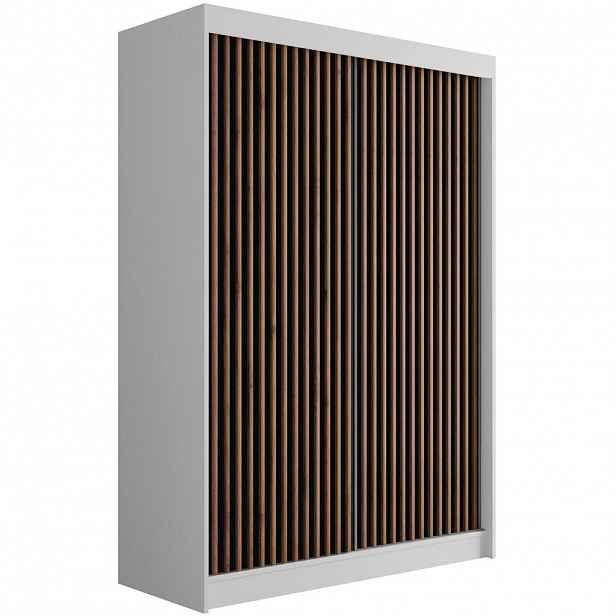 ALTDECOR ŠATNÍ SKŘÍŇ s lamelovými posuvnými dveřmi VILANv2 – 120 cm bílá + lamelový dub wotan