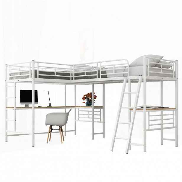 Modfu PATROVÁ postel z kovu a MDF 90x200 cm bílá se stolem, žebříkem a vysokým zábradlím