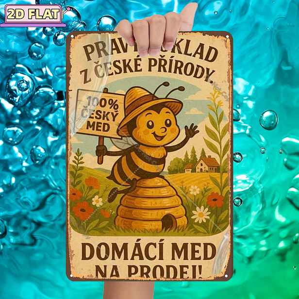 TEMU 2D plochá 1ks, "Čistý český med z přírody – domácí med pro !", kovová železná cedule, velikost (8"X12"/20Cm*30Cm) dekorativní