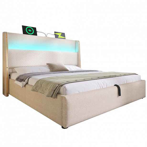 Modfu ČALOUNĚNÁ postel z lnu 140x200 cm béžová s LED osvětlením, USB/Type-C nabíjením a hydraulickým úložným prostorem