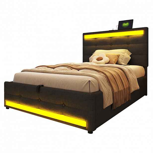 OKWISH ČALOUNĚNÁ postel 90/200 cm šedá z tkaniny s LED osvětlením a USB