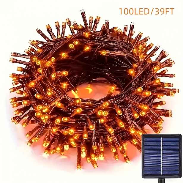TEMU 1ks Solární venkovní 100LED oranžová řetězová světla, halloweenská venkovní dekorace, 8 světelných režimů - vhodné pro dvůr, zahradu, trávník,