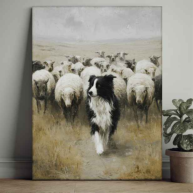TEMU 2D plochý obraz na plátně o rozměrech 30,48 x 40,64 cm, který zobrazuje hravého pastýře kolie v stylu s ovečením. Slouží jako rustikální zvířecí
