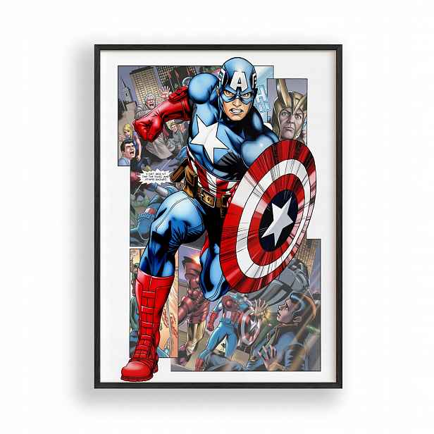 Plakát Kapitán Amerika Avengers Obraz Rámeček Dřevěný Černý 30x42 cm