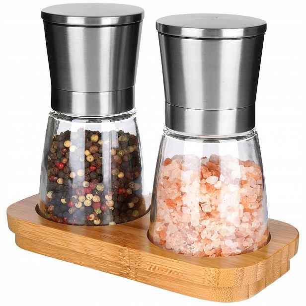Mlýnek na sůl a pepř na bambusovém stojanu 14,5 cm 3 ks