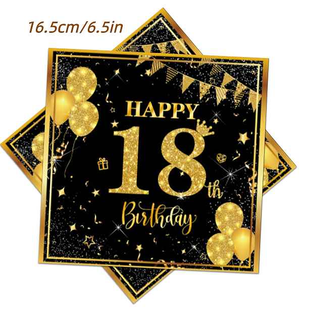 TEMU 20 ks, 30 ks, 50 ks 18. narozeninové slavnosti, ubrousky na párty s "Happy Birthday", 6,5 palců, černé zlaté třpytivé balónkové koruny, hvězdné