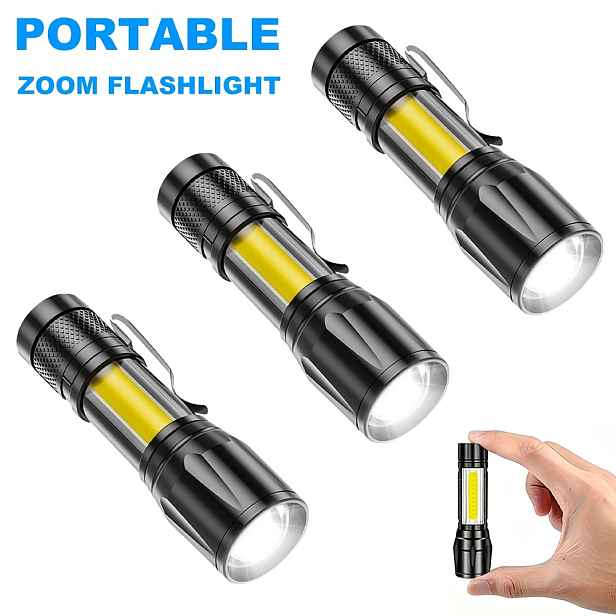 TEMU 3ks Mini LED svítilny s nastavitelným ostřením, přenosné ruční COB svítilny (s ), kompaktní EDC kapesní svítilny, ideální pro kempování,