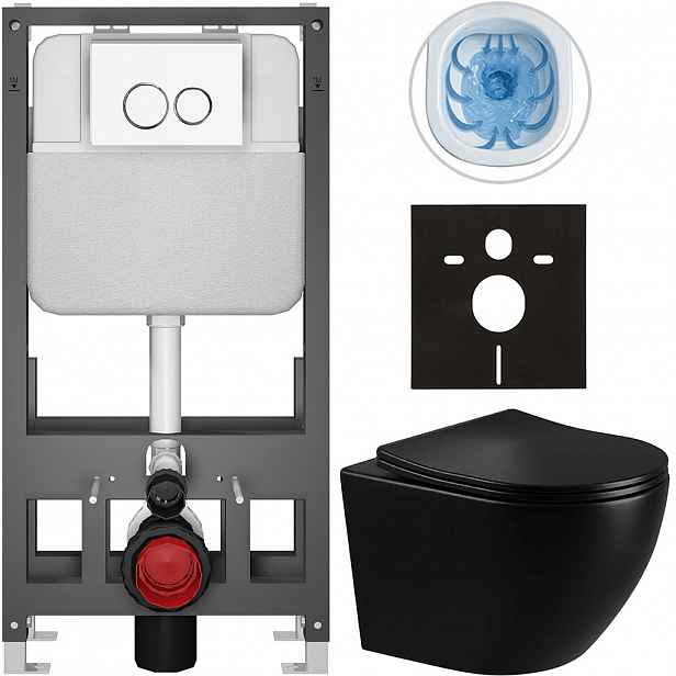 Kompletní WC set Basic/Cesso - černá lesklá - WC tlačítko Dualo/Bílá - volně stojící - předstěnová instalace - 49x36 cm