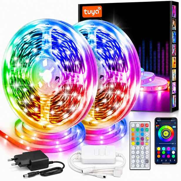 Led pásek Rgb 10 m Tuya WiFi 2x5 m Dálkový Ovladač Napájecí zdroj 12 V Hudební ovladač
