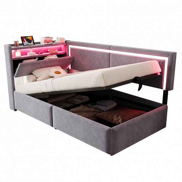 Modfu ČALOUNĚNÁ postel z sametu 90x200 cm světle šedá s LED osvětlením, USB portem a hydraulickým úložným prostorem