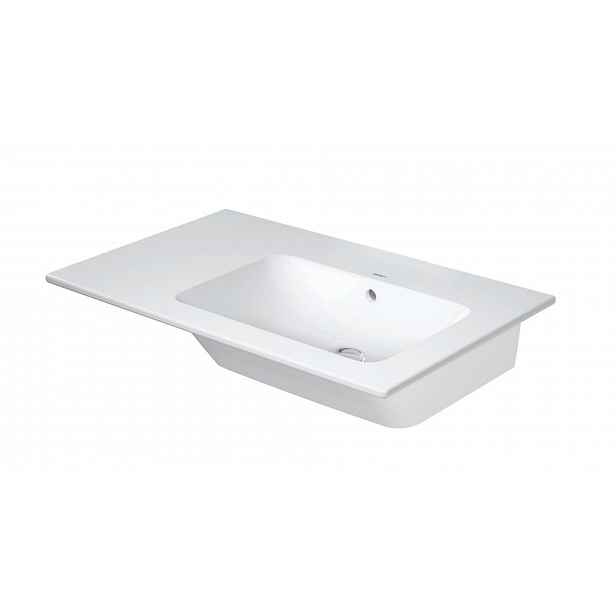 Duravit ME by Starck - Umyvadlo 83x49 cm, s přepadem, bez otvoru pro baterii, odkládací plocha vlevo, DuraShield, matná bílá 234683AC60