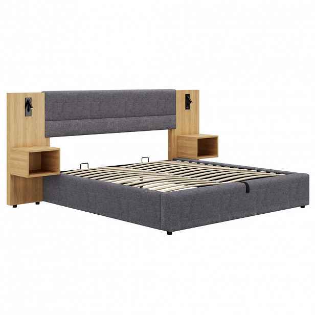Modfu ČALOUNĚNÁ postel ze sametu 180x200 cm šedá/přírodní s USB, osvětlením, 2 nočními stolky a hydraulickým úložným prostorem