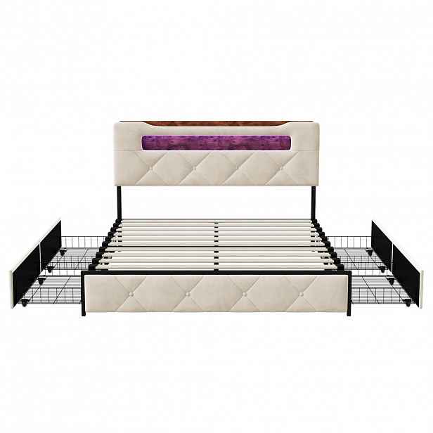 SHOPENTRA ČALOUNĚNÁ postel 160×200cm béžová, sametová, USB, 4 zásuvky