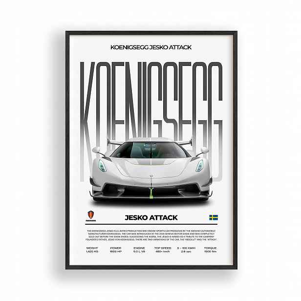 Obraz Koenigsegg Jesko Attack Plakát Rámeček Dřevěný Černý 30x42 cm