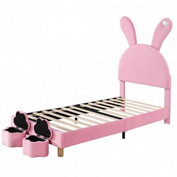 Modfu ČALOUNĚNÁ postel z francouzského sametu 90x200 cm růžová s LED osvětlením, dvěma úložnými lavicemi a sklápěcími oušky