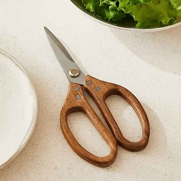 TEMU Nové vysoce kvalitní nerezové kuchyňské nůžky s pohodlnými rukojetěmi z akátového dřeva - 3,0 mm tlusté, odolný ergonomický design, vhodné pro