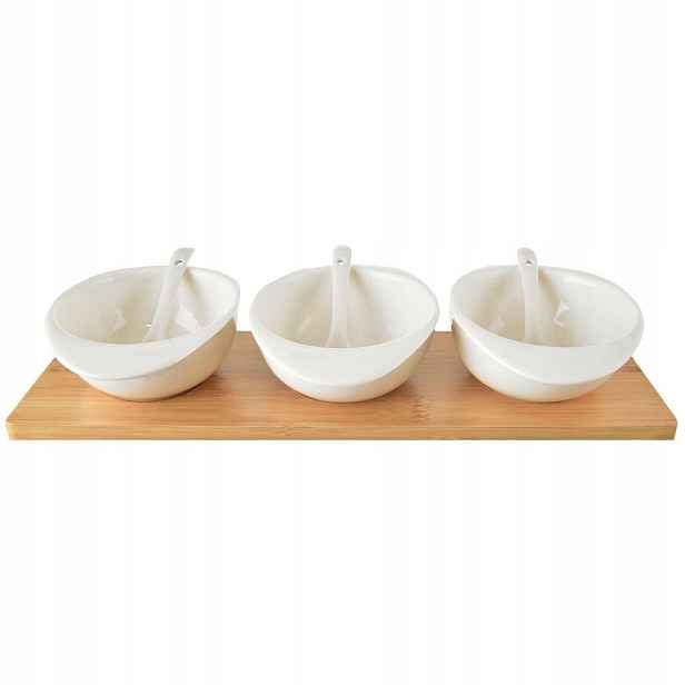 Misky na svačinu s porcelánovými lžičkami, bílé, na podnosu Whiteline, 32 cm