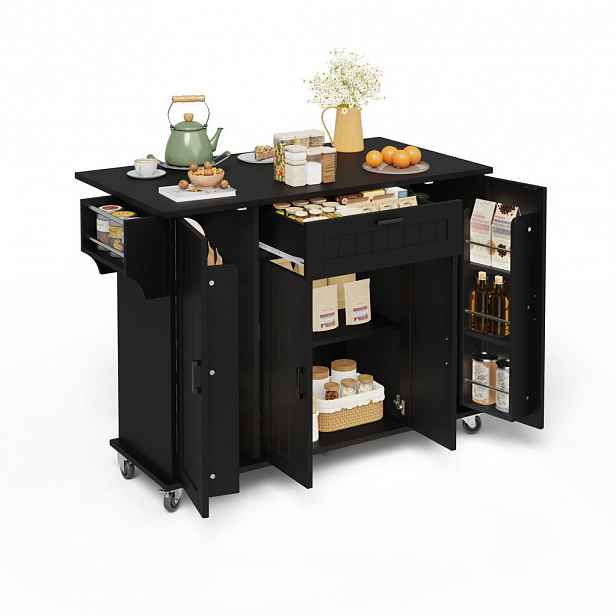 Modfu KUCHYŇSKÝ ostrůvek z MDF 120x45(70)x95 cm černý se sklápěcí deskou, 5 kolečky a úložným prostorem