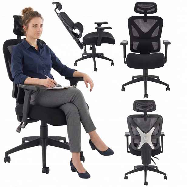 Ergonomické Křeslo černé do kanceláře síťka nastavitelná otočná opěrka hlavy