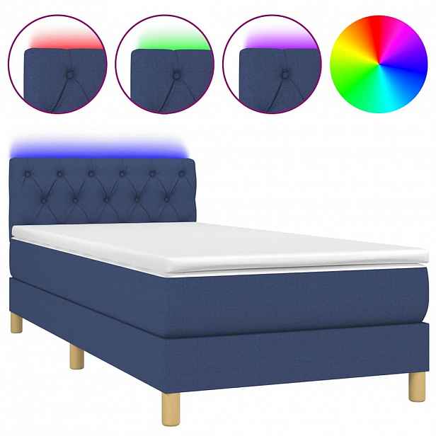 vidaXL Box spring postel s matrací a LED modrá 80 x 200 cm textil