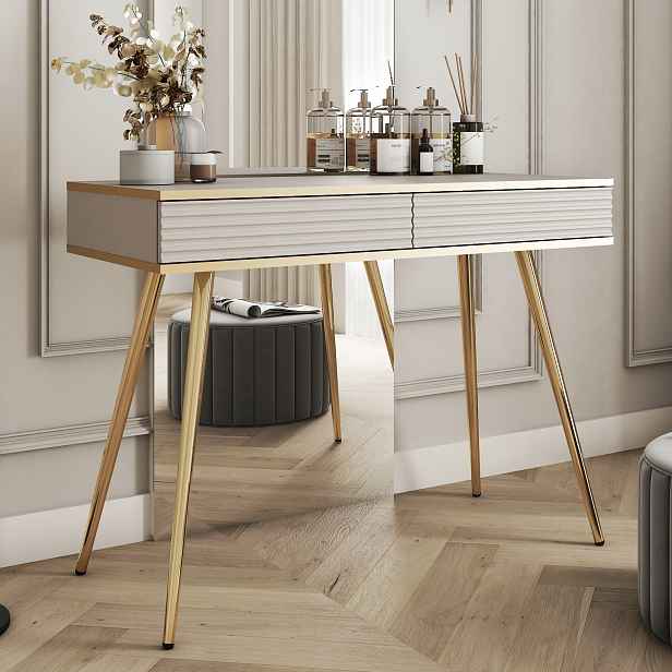 Komodee Elegantní Toaletní Stolek Banff T102 Mdf Béžová Zlaté Nohy Zdobení