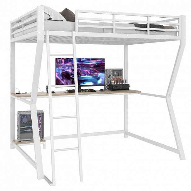 Modfu PATROVÁ postel z kovu a MDF 140x200 cm bílá s LED osvětlením, psacím stolem, schody, USB a zásuvkou