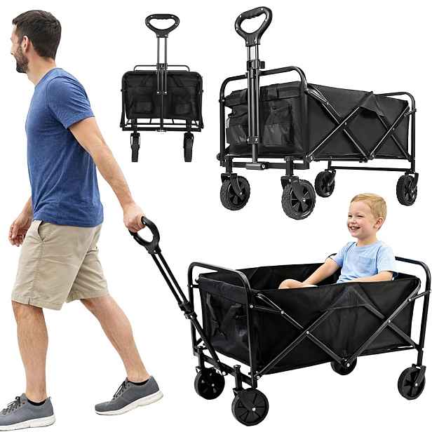 Skládací kempingový vozík 75 l s nastavitelným držákem na pláž, černý