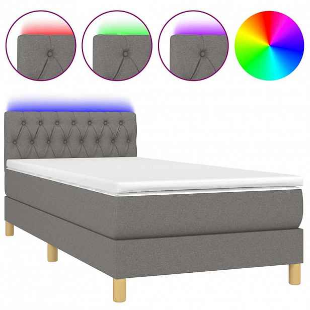 vidaXL Box spring postel s matrací a LED tmavě šedá 90x190 cm textil