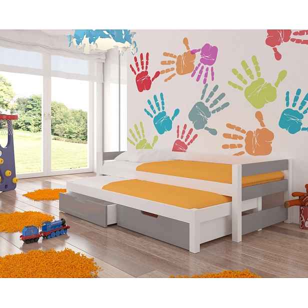 Dětská postel s přistýlkou a úložným prostorem 90x192 KEMLINA - bílá / šedá